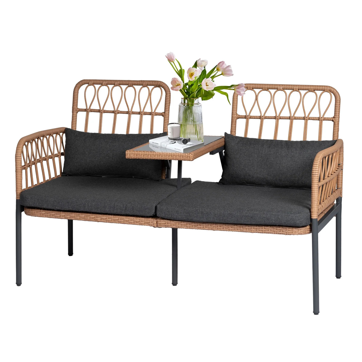 Gray Outdoor Rattan Loveseat with Built-in Coffee Table O194281