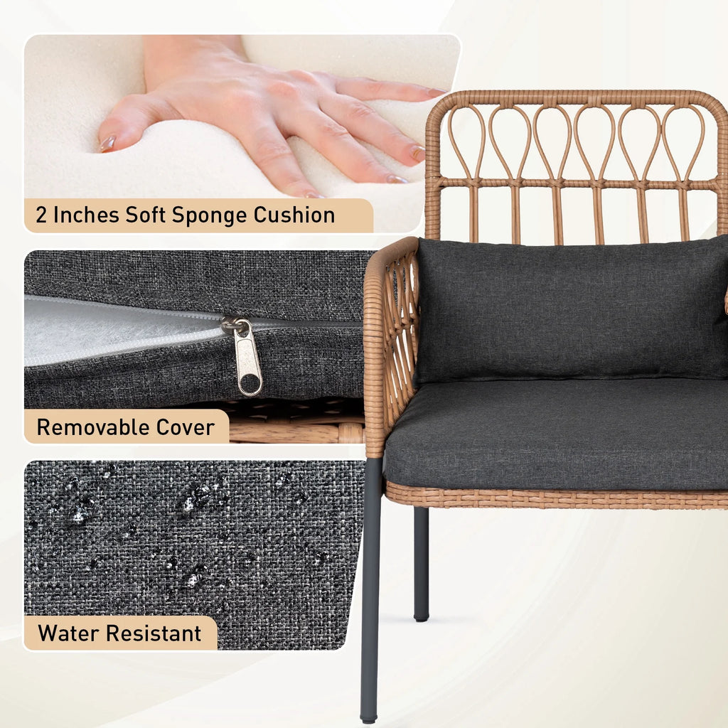 Gray Outdoor Rattan Loveseat with Built-in Coffee Table O194281