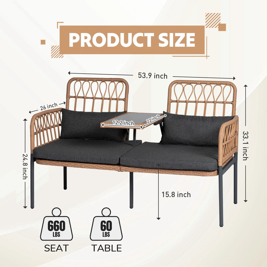 Gray Outdoor Rattan Loveseat with Built-in Coffee Table O194281