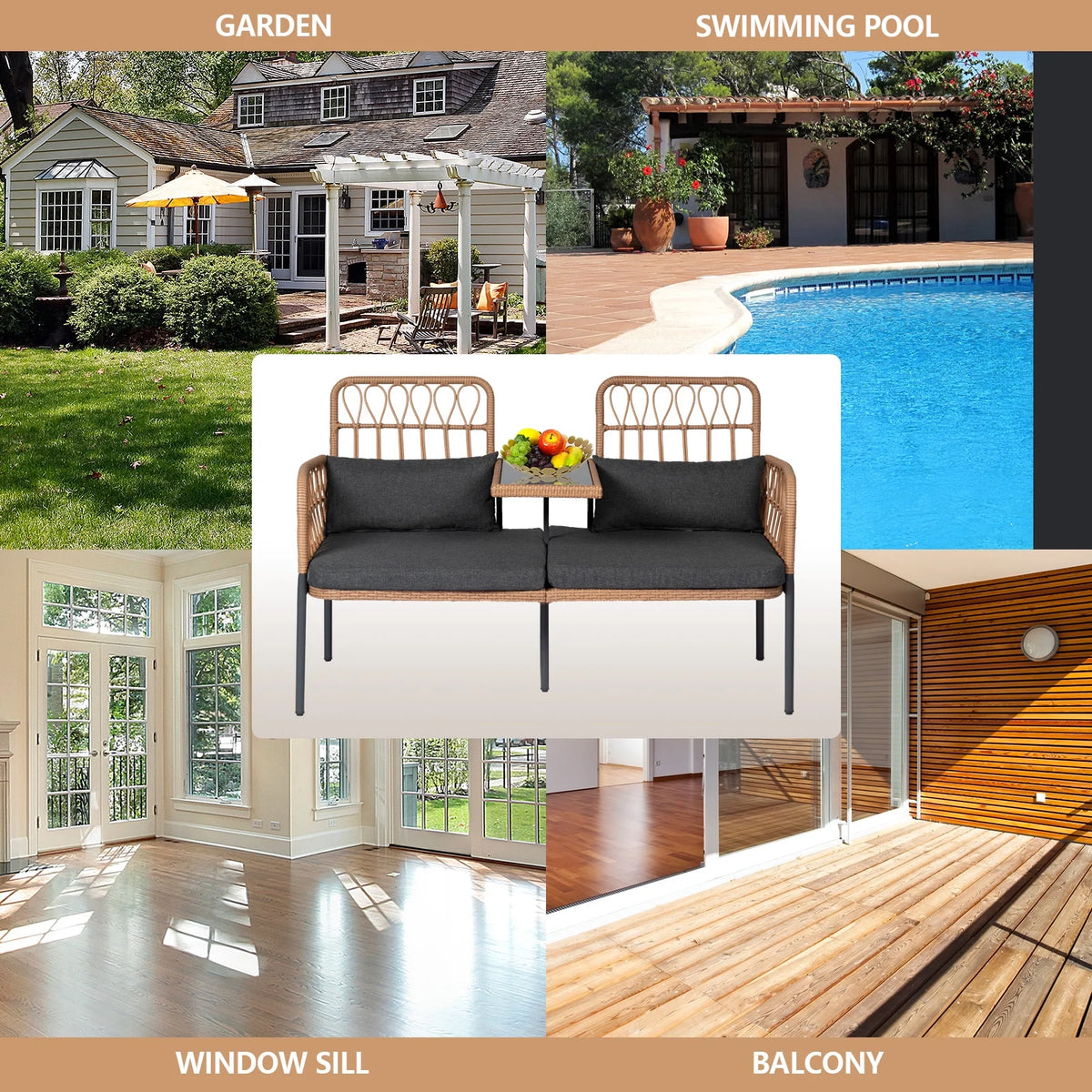 Gray Outdoor Rattan Loveseat with Built-in Coffee Table O194281