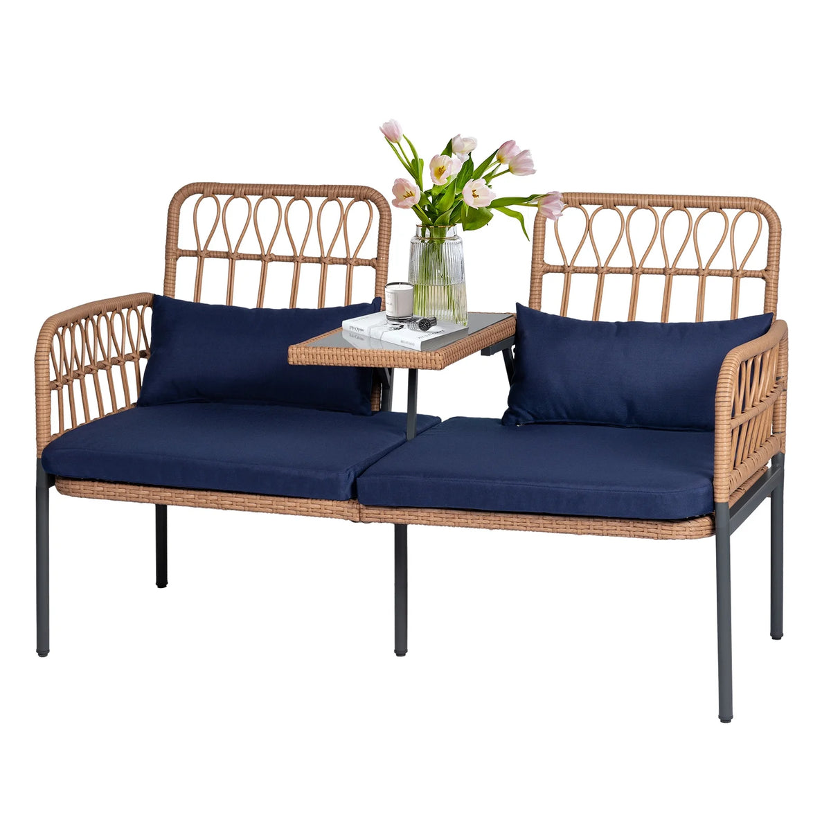 Gray Outdoor Rattan Loveseat with Built-in Coffee Table O194281