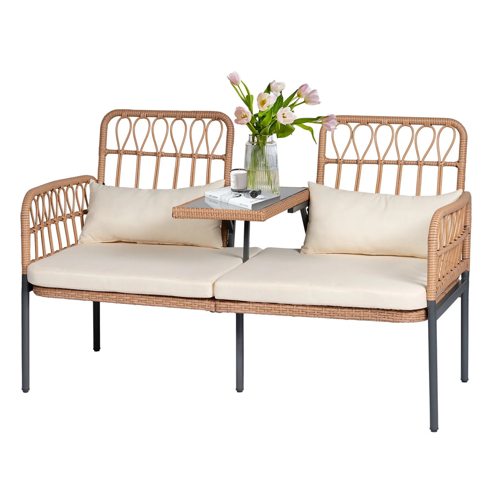 Gray Outdoor Rattan Loveseat with Built-in Coffee Table O194281