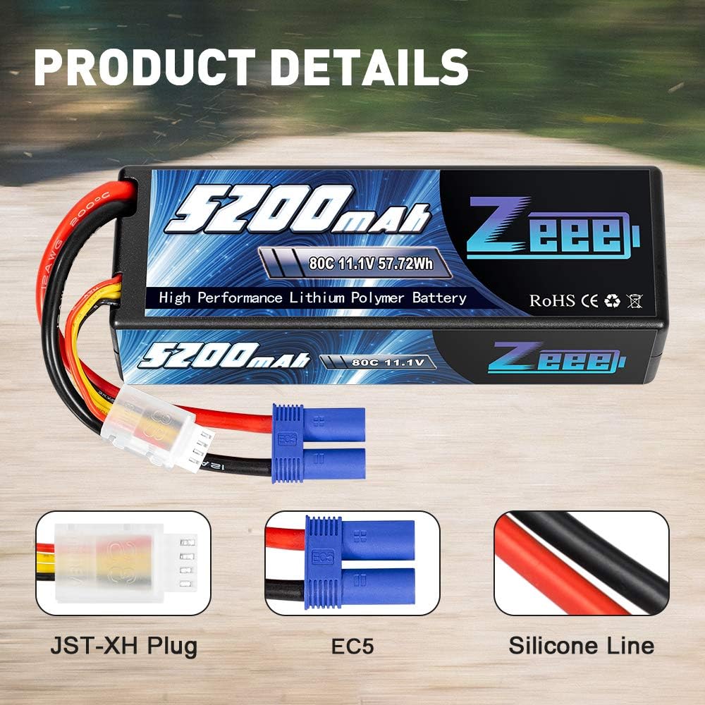 11.1V 80C 5200mAh 3S Lipo Battery with EC5 Connector Hardcase 2 Packs I5419