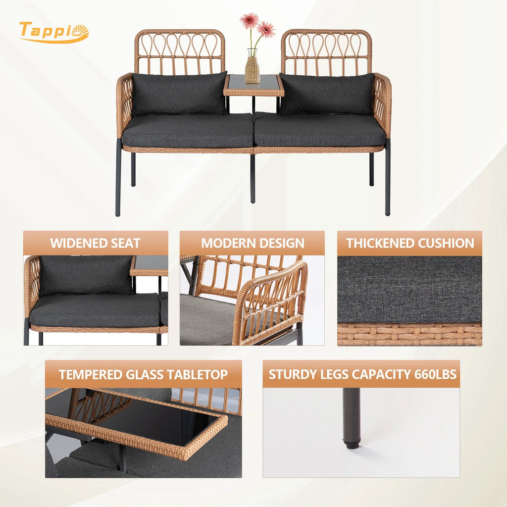 Gray Outdoor Rattan Loveseat with Built-in Coffee Table O194281