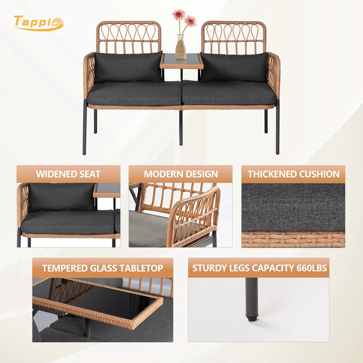 Gray Outdoor Rattan Loveseat with Built-in Coffee Table O194281