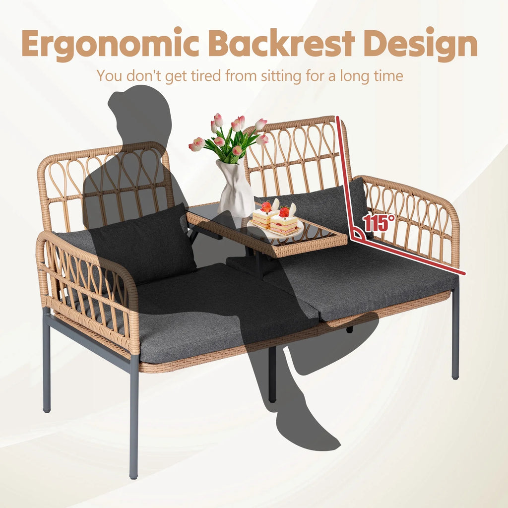 Gray Outdoor Rattan Loveseat with Built-in Coffee Table O194281