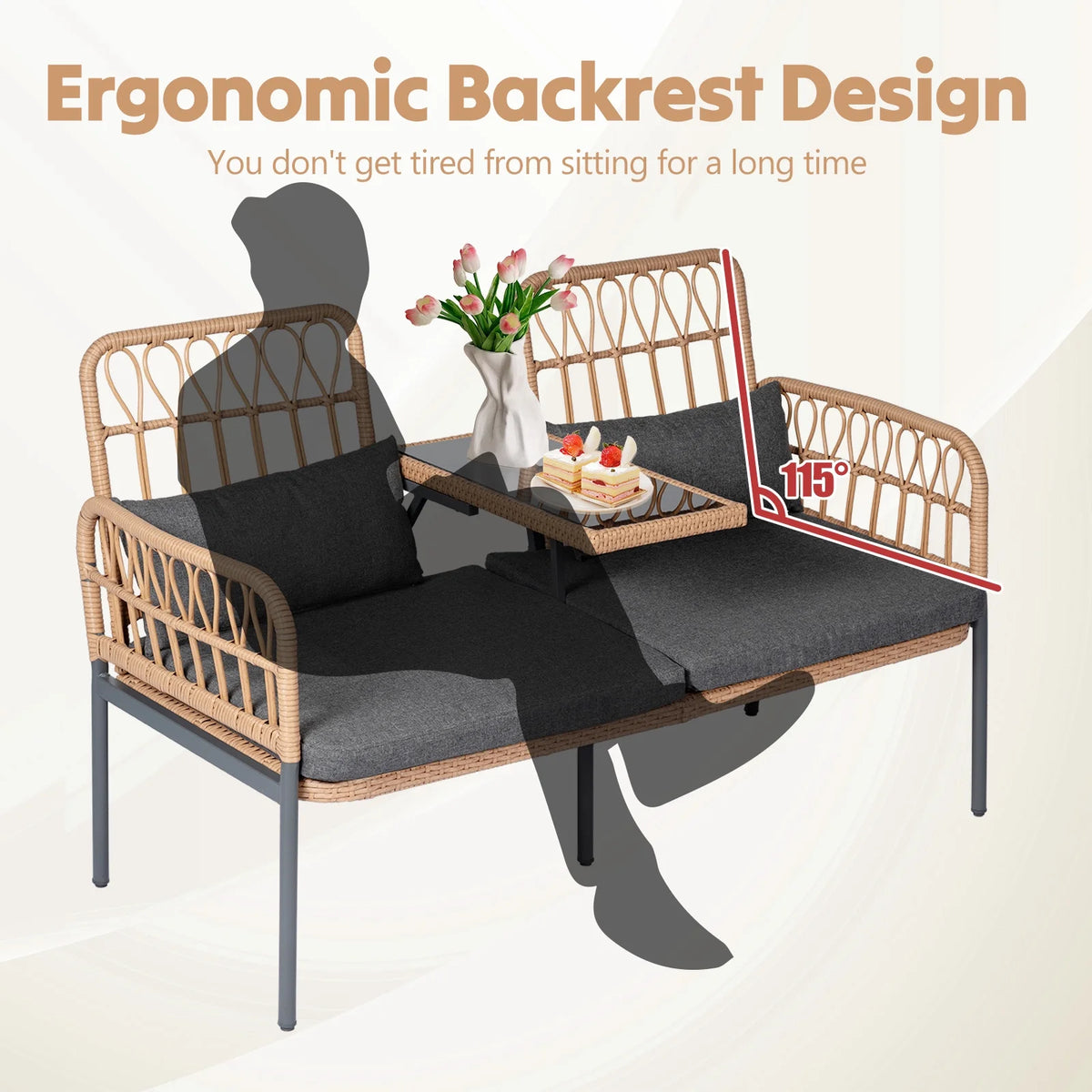 Gray Outdoor Rattan Loveseat with Built-in Coffee Table O194281
