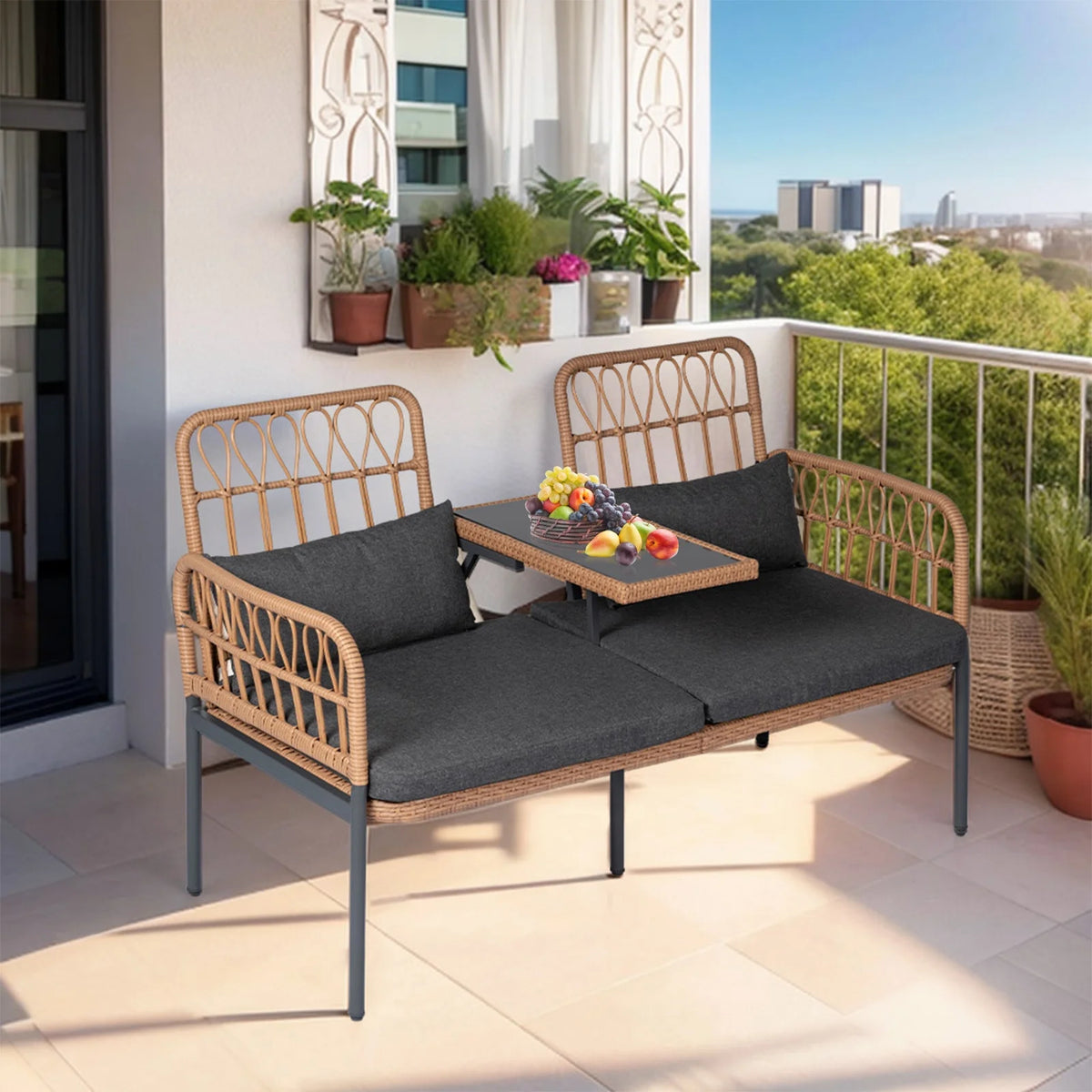 Gray Outdoor Rattan Loveseat with Built-in Coffee Table O194281